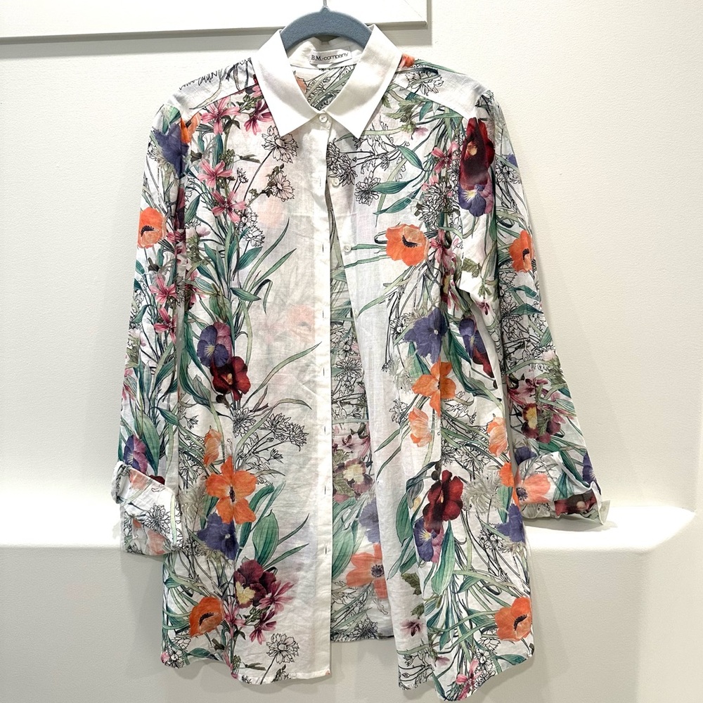 Floral Button-Front Linen-look Shirt - White with Multi-Color Print